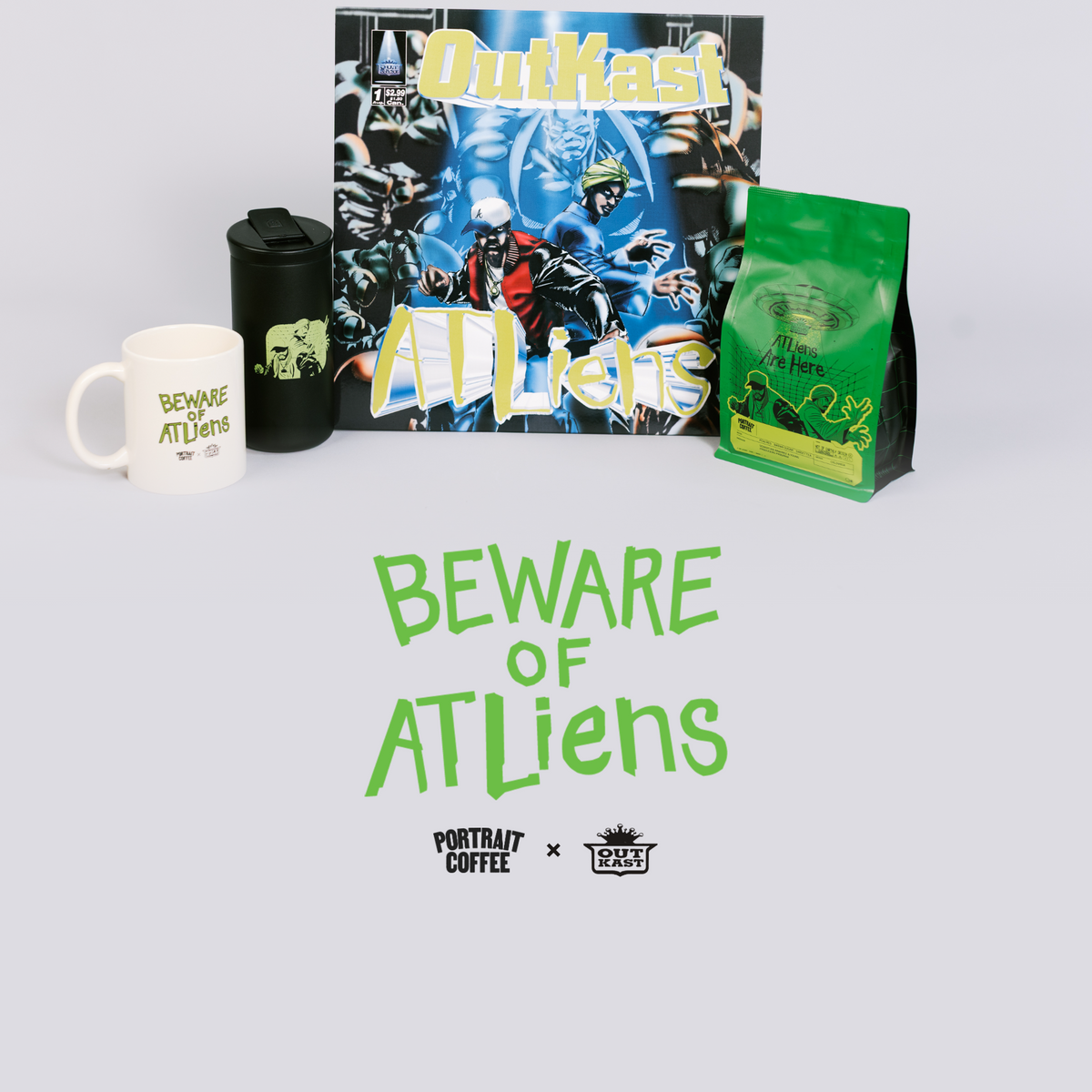 Beware of ATLiens — portrait.mom × OutKast launch banner, mobile, v2 button-safe