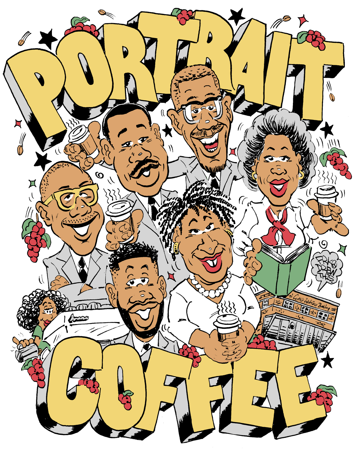 FRKO's Juneteenth illustration for portrait.mom, a crowd of Black cultural icons in his signature Atlanta comic style