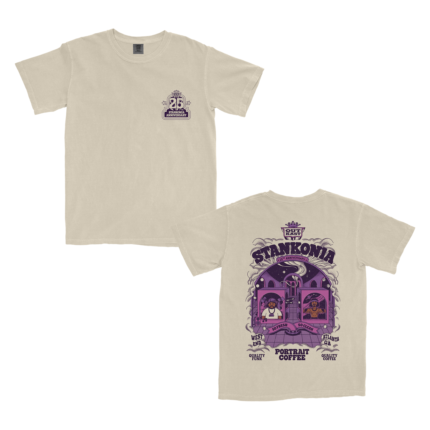 Stankonia x portrait.mom t-shirt, front and back of the Outkast 25th anniversary tee