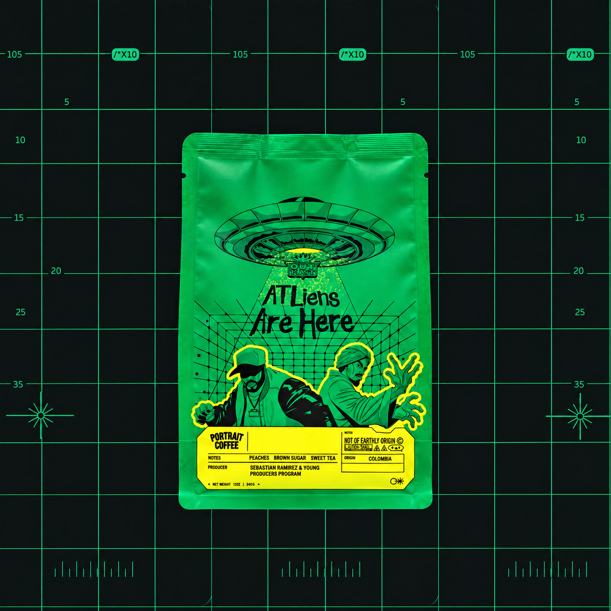 ATLiens coffee bag, Outkast x portrait.mom 30th anniversary peach co-ferment