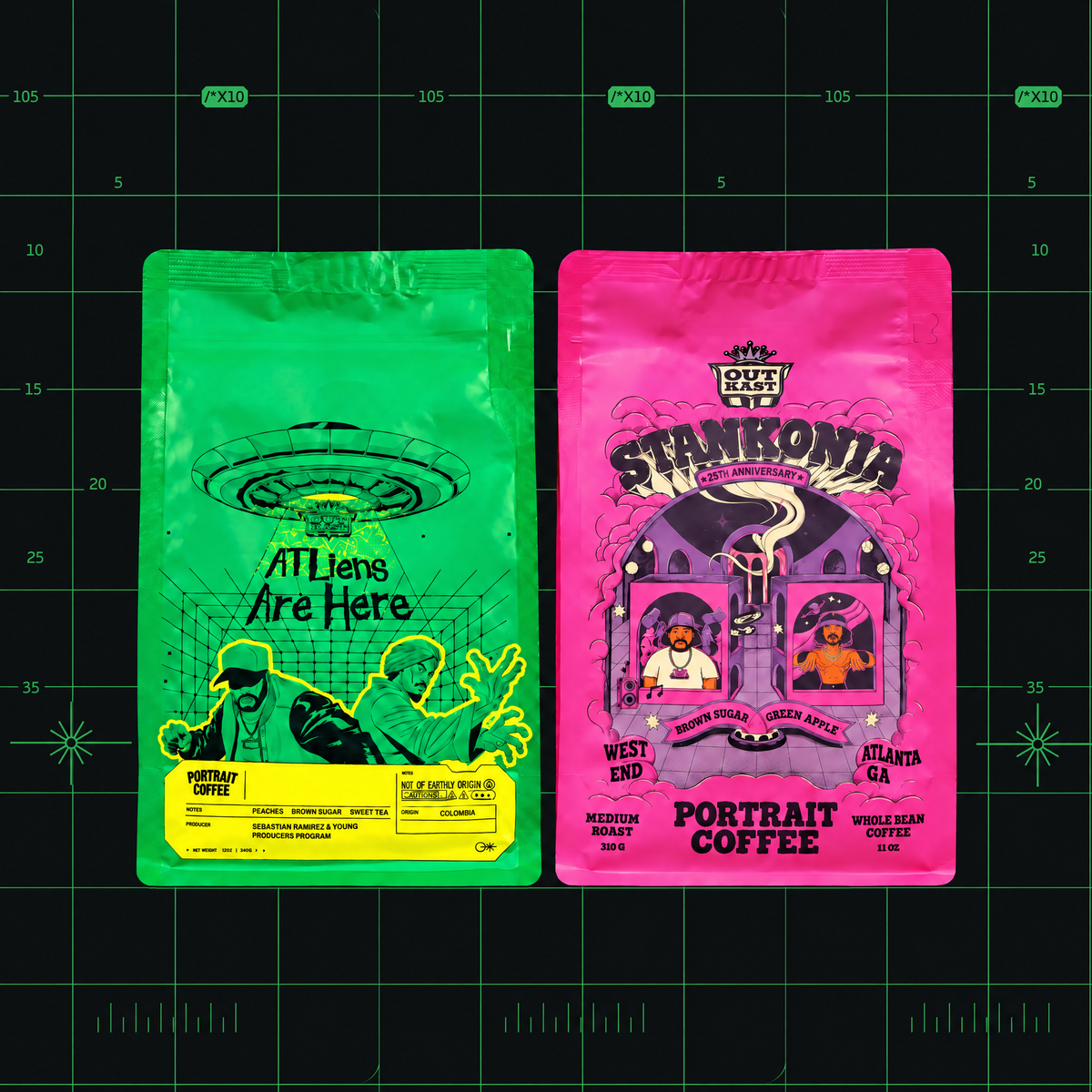 ATLiens and Stankonia coffee bags side by side