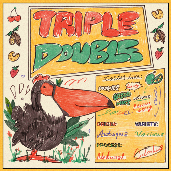 Triple Double Colombia coffee with strawberry, cherry, and lime tasting notes
